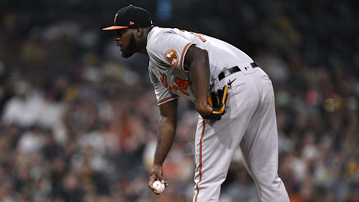 Aug 14, 2023; San Diego, California, USA; Baltimore Orioles relief pitcher Felix Bautista (74) prepares to pitch against the San Diego Padres during the ninth inning at Petco Park. Aug 14, 2023; San Diego, California, USA; Baltimore Orioles relief pitcher Felix Bautista (74) prepares to pitch against the San Diego Padres during the ninth inning at Petco Park.