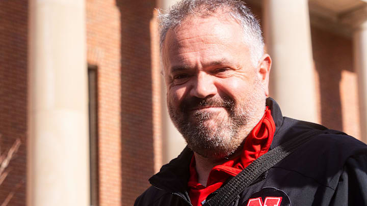 Nebraska head football coach Matt Rhule walks to the stadium before the Huskers' home game against Wisconsin on Nov 23, 2024.