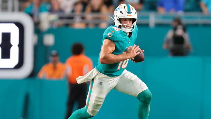 Aug 28, 2026; Miami Gardens, Florida, USA; Miami Dolphins quarterback Mark Gronowski (16) runs with the football against the Atlanta Falcons during the second half at Hard Rock Stadium. Mandatory Credit: Sam Navarro-Imagn Images