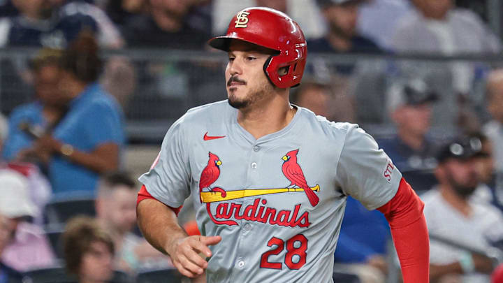 Aug 30, 2024; Bronx, New York, USA; St. Louis Cardinals third baseman Nolan Arenado (28) scores a run during the third inning against the New York Yankees at Yankee Stadium