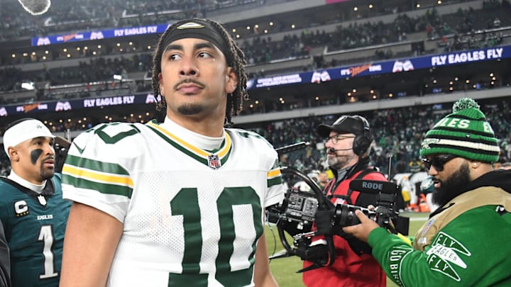Green Bay Packers quarterback Jordan Love (10) reacts after the playoff loss against the Philadelphia Eagles.