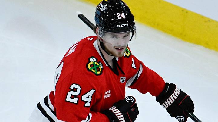 Sep 21, 2026; Chicago, Illinois, USA;  Chicago Blackhawks defenseman Bowen Byram (24)  celebrates  after scoring a goal during the second period against the Minnesota Wild at the United Center.  Mandatory Credit: Matt Marton-Imagn Images