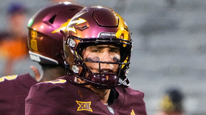 Sep 13, 2025; Tempe, Arizona, USA; Arizona State Sun Devils quarterback Sam Leavitt warms up before the game between Arizona State Sun Devils and Texas State Bobcats. Mandatory Credit: Arianna Grainey-Imagn Images