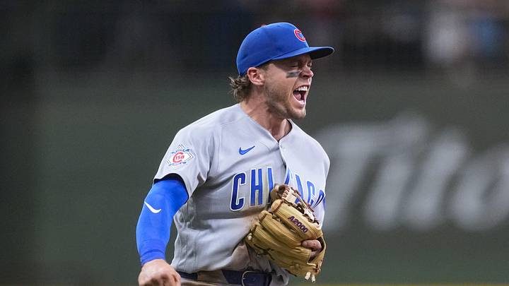 Jun 28, 2026; Milwaukee, Wisconsin, USA;  Chicago Cubs second baseman Nico Hoerner (2) celebrates after turning a double play to end the game during the tenth inning against the Milwaukee Brewers at American Family Field. Mandatory Credit: Jeff Hanisch-Imagn Images