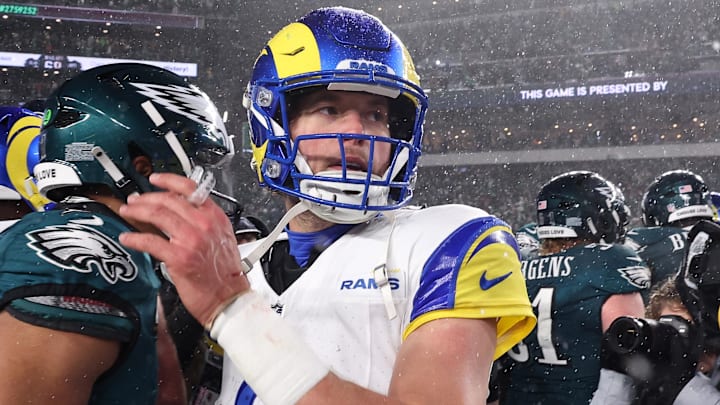 Jan 19, 2025; Philadelphia, Pennsylvania, USA; Philadelphia Eagles quarterback Jalen Hurts (1) greets Los Angeles Rams quarterback Matthew Stafford (9) after their game in a 2025 NFC divisional round game at Lincoln Financial Field. Mandatory Credit: Bill Streicher-Imagn Images