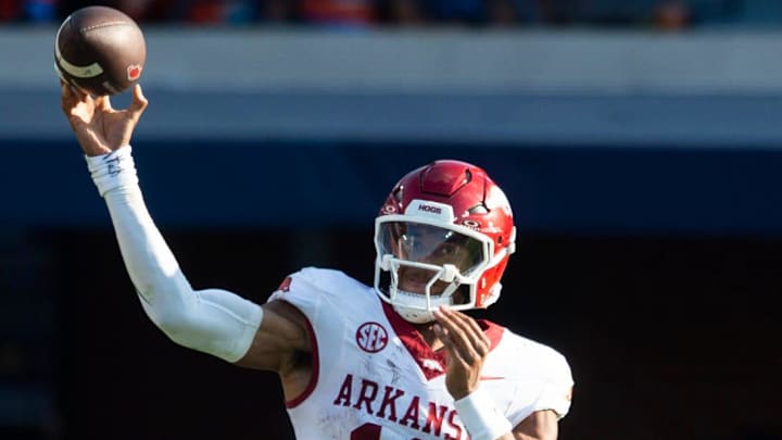 Arkansas Razorbacks quarterback Taylen Green (10) throws the ball as Auburn Tigers take on Arkansas Razorbacks at Jordan-Hare Stadium in Auburn, Ala., on Saturday, Sept. 21, 2024. Arkansas Razorbacks defeated Auburn Tigers 24-14.