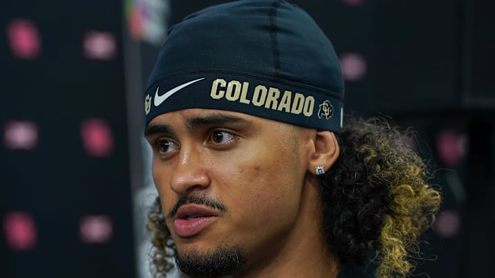Jul 9, 2025; Frisco, TX, USA; Colorado quarterback Julian Lewis speaks with the media during 2025 Big 12 Football Media Days at The Star. Mandatory Credit: Raymond Carlin III-Imagn Images