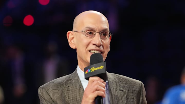 Feb 15, 2026; Inglewood, California, USA; NBA commissioner Adam Silver speaks to media after the 75th NBA All Star Game at Intuit Dome. Mandatory Credit: Kirby Lee-Imagn Images