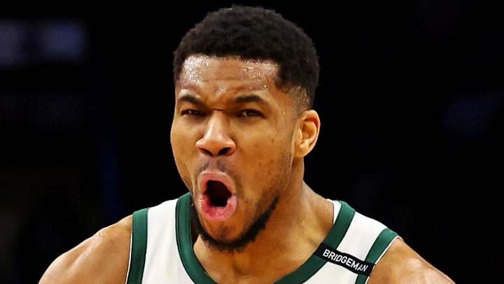Mar 24, 2025; Phoenix, Arizona, USA; Milwaukee Bucks forward Giannis Antetokounmpo (34) reacts after a play during the second quarter against the Phoenix Suns at Footprint Center. Mandatory Credit: Mark J. Rebilas-Imagn Images