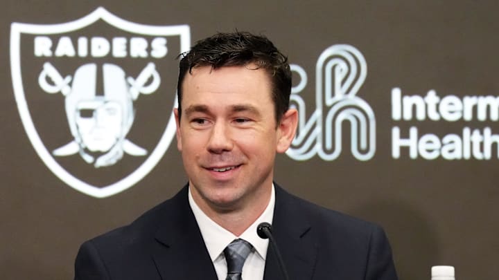 Feb 10, 2026; Henderson, NV, USA; Las Vegas Raiders coach Klint Kubiak speaks at introductory press conference at Intermountain Health Performance Center. Mandatory Credit: Kirby Lee-Imagn Images
