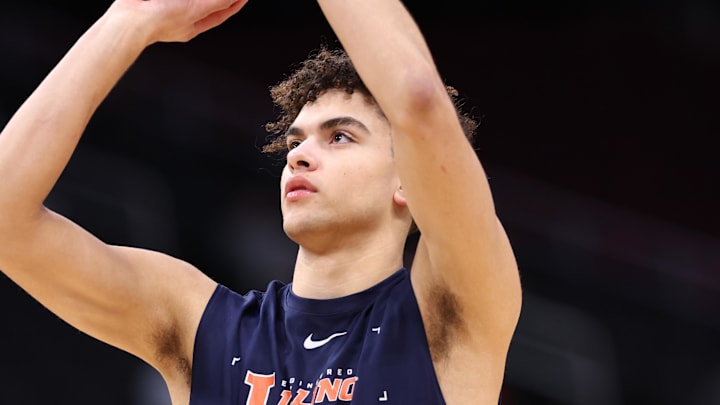 Mar 28, 2026; Houston, TX, USA; Illinois Fighting Illini guard Keaton Wagler (23) warms up before an Elite Eight game of the South Regional of the men's 2026 NCAA Tournament against the Iowa Hawkeyes at Toyota Center. Mandatory Credit: Troy Taormina-Imagn Images