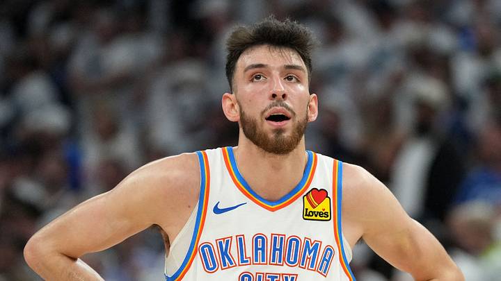 May 26, 2025; Minneapolis, Minnesota, USA; Oklahoma City Thunder forward Chet Holmgren (7) reacts against the Minnesota Timberwolves in the second half during game four of the western conference finals for the 2025 NBA Playoffs at Target Center. Mandatory Credit: Jesse Johnson-Imagn Images