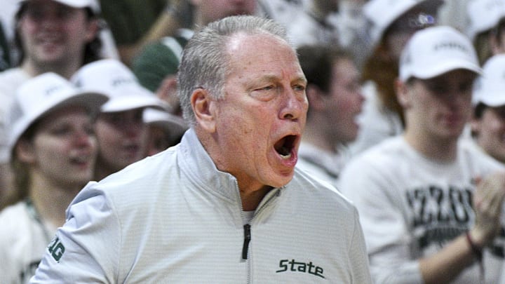 Jan 24, 2026; East Lansing, Michigan, USA;  Michigan State Spartans head coach Tom Izzo reacts during the first half against the Maryland Terrapins at Jack Breslin Student Events Center. Mandatory Credit: Dale Young-Imagn Images