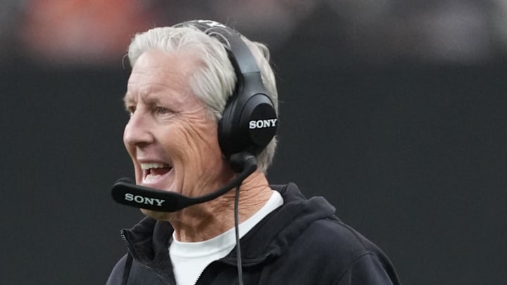 Dec 7, 2025; Paradise, Nevada, USA;  Las Vegas Raiders head coach Pete Carroll on the field during the first half against the Denver Broncos at Allegiant Stadium. Mandatory Credit: Kirby Lee-Imagn Images