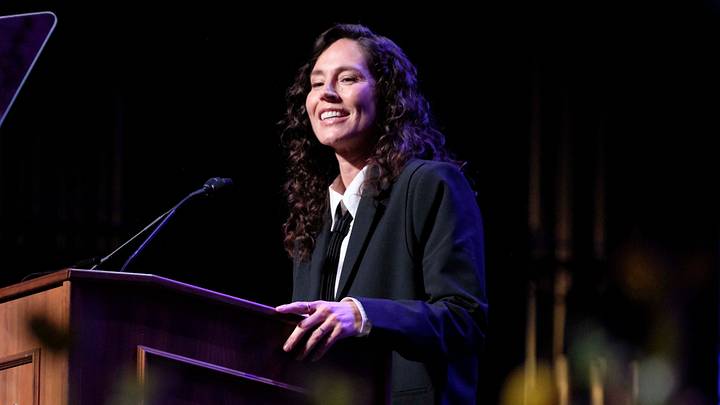 Women's Basketball Hall of Fame Inductee, Sue Bird, gives her remarks during the 2025 Women’s Basketball Hall of Fame Induction Ceremony at the Tennessee Theatre, June 14, 2025, in Knoxville, Tenn. (Shawn Millsaps/Special to News Sentinel) Women's Basketball Hall of Fame Inductee, Sue Bird, gives her remarks during the 2025 Women’s Basketball Hall of Fame Induction Ceremony at the Tennessee Theatre, June 14, 2025, in Knoxville, Tenn. (Shawn Millsaps/Special to News Sentinel)