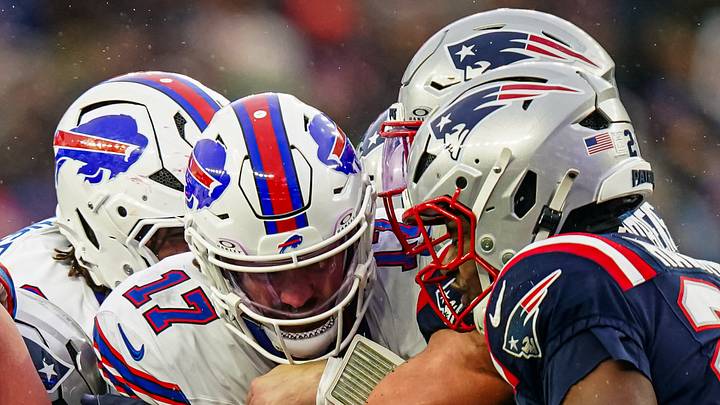 Dec 14, 2025; Foxborough, Massachusetts, USA; Buffalo Bills quarterback Josh Allen (17) runs the ball against the New England Patriots in the second half at Gillette Stadium. Mandatory Credit: David Butler II-Imagn Images