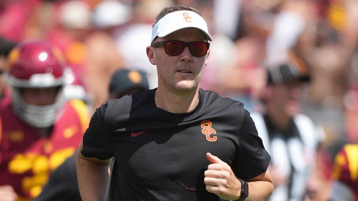 Aug 29, 2026; Los Angeles, California, USA; Southern California Trojans head coach Lincoln Riley during the game against the San Jose State Spartans at United Airlines Field at Los Angeles Memorial Coliseum. Mandatory Credit: Kirby Lee-Imagn Images