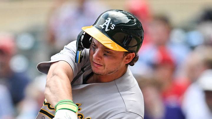 Jul 26, 2026; Minneapolis, Minnesota, USA; Athletics first baseman Nick Kurtz (16) swings at a pitch during the fourth inning against the Minnesota Twins at Target Field. Mandatory Credit: Jeffrey Becker-Imagn Images Jul 26, 2026; Minneapolis, Minnesota, USA; Athletics first baseman Nick Kurtz (16) swings at a pitch during the fourth inning against the Minnesota Twins at Target Field. Mandatory Credit: Jeffrey Becker-Imagn Images