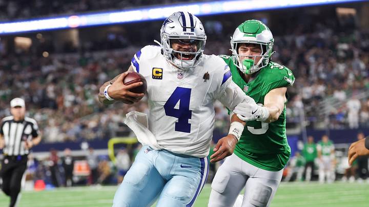 Nov 23, 2025; Arlington, Texas, USA; Dallas Cowboys quarterback Dak Prescott (4) runs with the ball in attempt to score a touchdown in the fourth quarter against the Philadelphia Eagles at AT&T Stadium. Mandatory Credit: Kevin Jairaj-Imagn Images Nov 23, 2025; Arlington, Texas, USA; Dallas Cowboys quarterback Dak Prescott (4) runs with the ball in attempt to score a touchdown in the fourth quarter against the Philadelphia Eagles at AT&T Stadium. Mandatory Credit: Kevin Jairaj-Imagn Images