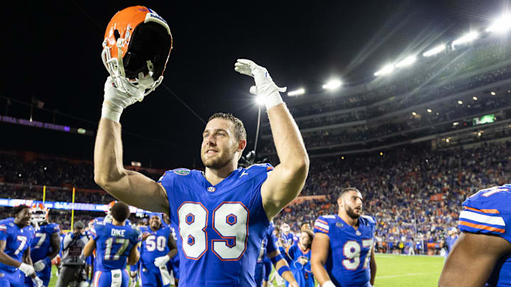 Nov 16, 2024; Gainesville, Florida, USA; Florida Gators tight end Hayden Hansen (89) gestures towards the crowd after a game against the LSU Tigers at Ben Hill Griffin Stadium. Mandatory Credit: Matt Pendleton-Imagn Images