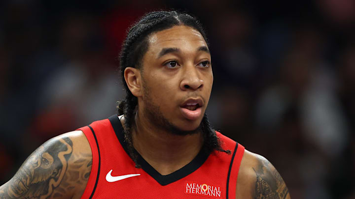 Nov 24, 2025; Phoenix, Arizona, USA; Houston Rockets guard JD Davison (4) against the Phoenix Suns at Mortgage Matchup Center. Mandatory Credit: Mark J. Rebilas-Imagn Images Nov 24, 2025; Phoenix, Arizona, USA; Houston Rockets guard JD Davison (4) against the Phoenix Suns at Mortgage Matchup Center. Mandatory Credit: Mark J. Rebilas-Imagn Images