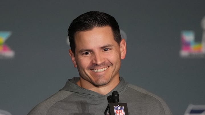 Seattle Seahawks head coach Mike Macdonald talks to the media