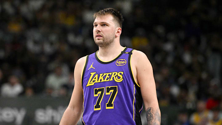 Apr 9, 2025; Dallas, Texas, USA; Los Angeles Lakers guard Luka Doncic (77) during the game between the Dallas Mavericks and the Los Angeles Lakers at American Airlines Center. Mandatory Credit: Jerome Miron-Imagn Images