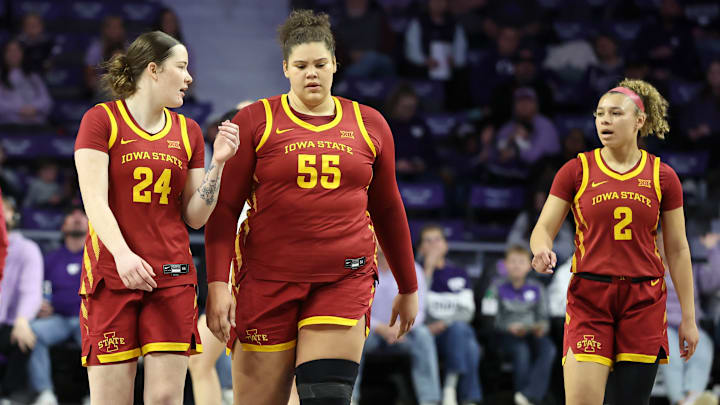 Audi Crooks (center) and Iowa State lost in the opening round of the Big 12 tournament. 