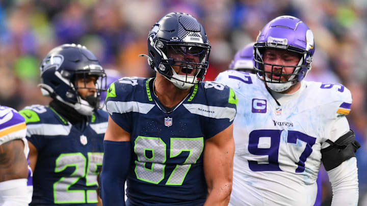 Dec 22, 2024; Seattle, Washington, USA; Seattle Seahawks tight end Noah Fant (87) celebrates after a first down against the Minnesota Vikings during the second half at Lumen Field. Mandatory Credit: Steven Bisig-Imagn Images