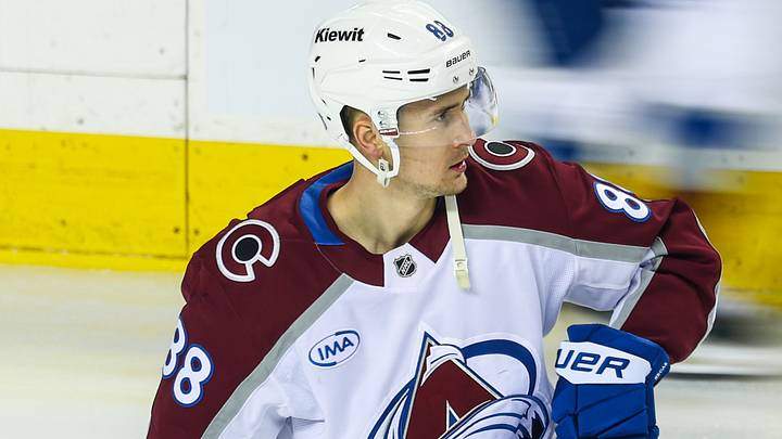 Apr 14, 2026; Calgary, Alberta, CAN; Colorado Avalanche center Martin Necas (88) during the warmup period against the Calgary Flames at Scotiabank Saddledome. Mandatory Credit: Sergei Belski-Imagn Images