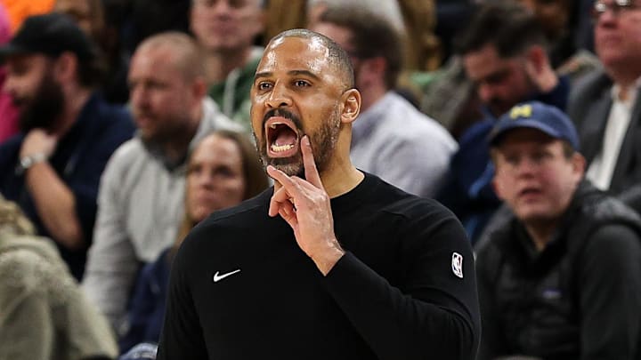 Feb 6, 2025; Minneapolis, Minnesota, USA; Houston Rockets head coach Ime Udoka reacts during the second quarter against the Minnesota Timberwolves at Target Center. Mandatory Credit: Matt Krohn-Imagn Images Feb 6, 2025; Minneapolis, Minnesota, USA; Houston Rockets head coach Ime Udoka reacts during the second quarter against the Minnesota Timberwolves at Target Center. Mandatory Credit: Matt Krohn-Imagn Images