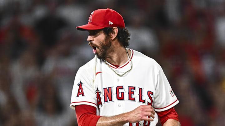Apr 4, 2026; Anaheim, California, USA; Los Angeles Angels pitcher Jordan Romano (68) reacts after throwing final striking out to end the game against the Seattle Mariners during the ninth inning at Angel Stadium. Mandatory Credit: Jonathan Hui-Imagn Images