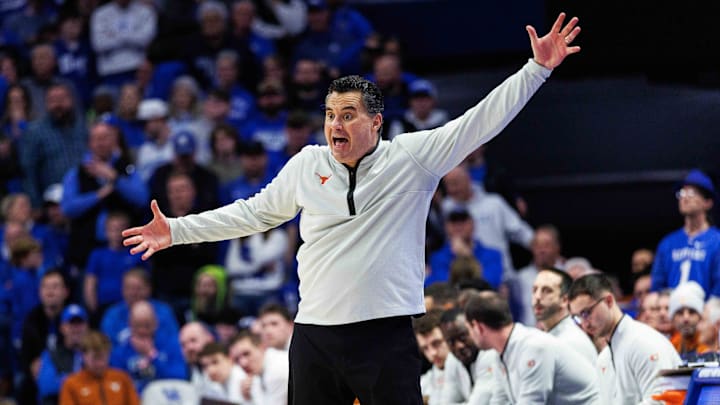 Texas Longhorns head coach Sean Miller motions to a referee during the second half against the Kentucky Wildcats.