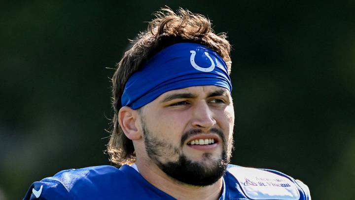Indianapolis Colts defensive end Caden Curry participates in a drill
