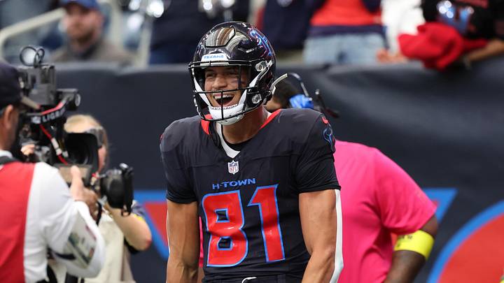 Jan 4, 2026; Houston, Texas, USA; Houston Texans wide receiver Jayden Higgins (81) reacts after making a touchdown catch against the Indianapolis Colts during the first half at NRG Stadium. Mandatory Credit: Thomas Shea-Imagn Images Jan 4, 2026; Houston, Texas, USA; Houston Texans wide receiver Jayden Higgins (81) reacts after making a touchdown catch against the Indianapolis Colts during the first half at NRG Stadium. Mandatory Credit: Thomas Shea-Imagn Images