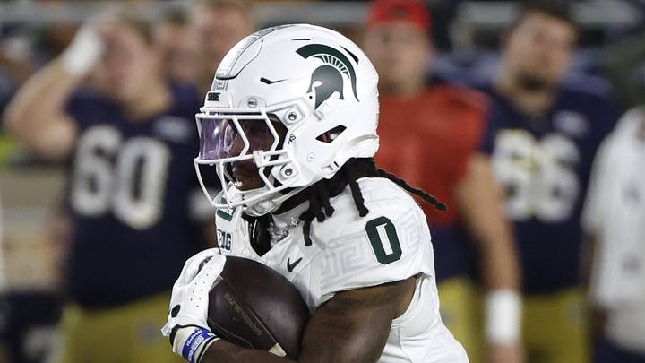 Sep 19, 2026; South Bend, Indiana, USA; Michigan State Spartans running back Cam Edwards (0) runs against the Notre Dame Fighting Irish during the first half at Notre Dame Stadium. Mandatory Credit: Michael Caterina-Imagn Images Sep 19, 2026; South Bend, Indiana, USA; Michigan State Spartans running back Cam Edwards (0) runs against the Notre Dame Fighting Irish during the first half at Notre Dame Stadium. Mandatory Credit: Michael Caterina-Imagn Images