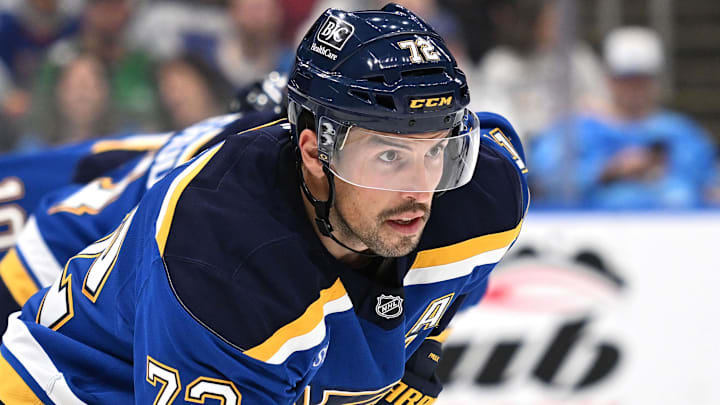 Feb 26, 2026; St. Louis, Missouri, USA; St. Louis Blues defenseman Justin Faulk (72) looks on prior to a face off against the Seattle Kraken during the first period at Enterprise Center. Mandatory Credit: Joe Puetz-Imagn Images