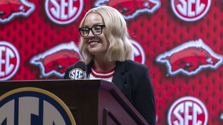 Arkansas Razorbacks head coach Kelsi Musick talks with the media during SEC Media Days at Grand Bohemian Hotel. Arkansas Razorbacks head coach Kelsi Musick talks with the media during SEC Media Days at Grand Bohemian Hotel.