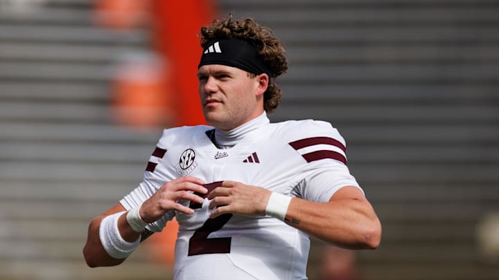 Mississippi State Bulldogs quarterback Blake Shapen (2) stretches before a game against the Florida Gators at Ben Hill Griffin Stadium.