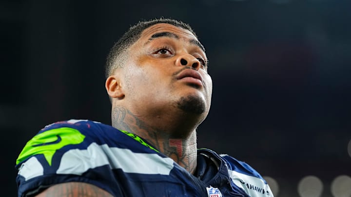 Byron Murphy II of the Seattle Seahawks watches play Byron Murphy II of the Seattle Seahawks watches play