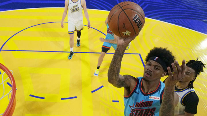 February 14, 2025; San Francisco, California, USA; Team G-League guard Dink Pate (1) of the Mexico City Capitanes shoots the ball against Team C during the 2025 NBA Rising Stars Game at Chase Center. Mandatory Credit: Kyle Terada-Imagn Images