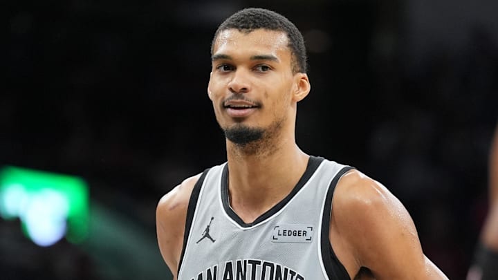 Mar 8, 2026; San Antonio, Texas, USA;  San Antonio Spurs forward Victor Wembanyama (1) looks over at guard Devin Vassell (24) in the second half against the Houston Rockets at Frost Bank Center. Mandatory Credit: Daniel Dunn-Imagn Images
