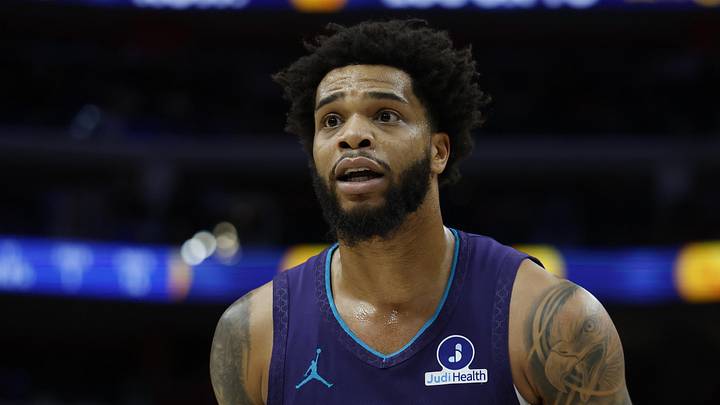 Dec 20, 2025; Detroit, Michigan, USA;  Charlotte Hornets forward Miles Bridges (0) reacts in the first half against the Detroit Pistons at Little Caesars Arena. Mandatory Credit: Rick Osentoski-Imagn Images
