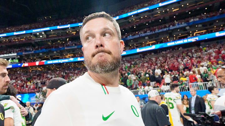 Oregon head coach Dan Lanning walks off the field after the Ducks’ loss as the Oregon Ducks face the Indiana Hoosiers in the Peach Bowl on Jan. 9, 2026, at Mercedes-Benz Stadium in Atlanta, Georgia.