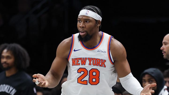 Nov 24, 2025; Brooklyn, New York, USA; New York Knicks forward Guerschon Yabusele (28) reacts in front of Brooklyn Nets guard Tyrese Martin (13) during the second half at Barclays Center. Mandatory Credit: Vincent Carchietta-Imagn Images Nov 24, 2025; Brooklyn, New York, USA; New York Knicks forward Guerschon Yabusele (28) reacts in front of Brooklyn Nets guard Tyrese Martin (13) during the second half at Barclays Center. Mandatory Credit: Vincent Carchietta-Imagn Images