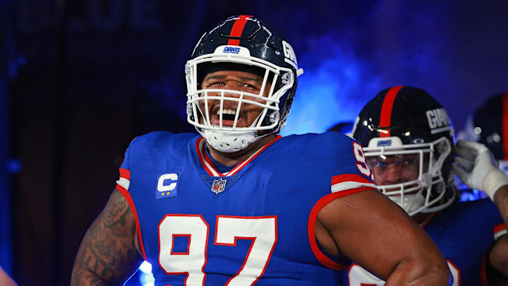 Dec 11, 2023; East Rutherford, New Jersey, USA; New York Giants defensive tackle Dexter Lawrence II (97) looks on before the game against the Green Bay Packers at MetLife Stadium. Mandatory Credit: Vincent Carchietta-Imagn Images