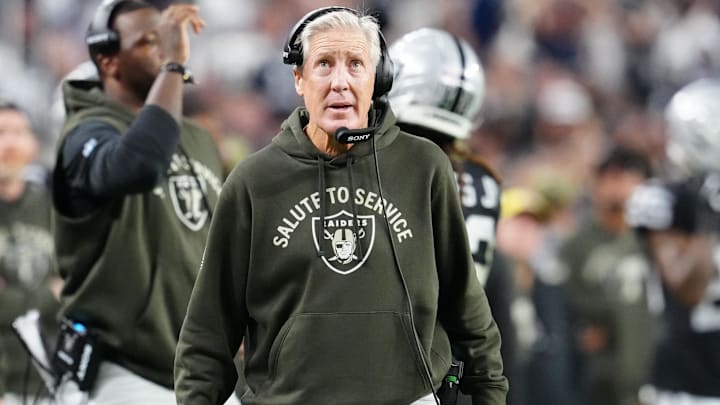 Nov 17, 2025; Paradise, Nevada, USA; Las Vegas Raiders head coach Pete Carroll during the second half of the game against the Dallas Cowboys at Allegiant Stadium. Mandatory Credit: Stephen R. Sylvanie-Imagn Images