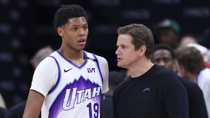 Mar 21, 2026; Salt Lake City, Utah, USA; Utah Jazz guard Ace Bailey (19) and head coach Will Hardy speak after the game against the Philadelphia 76ers at Delta Center. Mandatory Credit: Rob Gray-Imagn Images