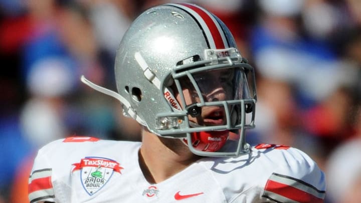 Jan 2, 2012; Tallahassee, FL, USA; Ohio State Buckeyes offensive lineman Mike Brewster (50) prepares for the play during the first half of the 2012 Gator Bowl against the Florida Gators at EverBank Field. Mandatory Credit: Melina Vastola-Imagn Images Jan 2, 2012; Tallahassee, FL, USA; Ohio State Buckeyes offensive lineman Mike Brewster (50) prepares for the play during the first half of the 2012 Gator Bowl against the Florida Gators at EverBank Field. Mandatory Credit: Melina Vastola-Imagn Images