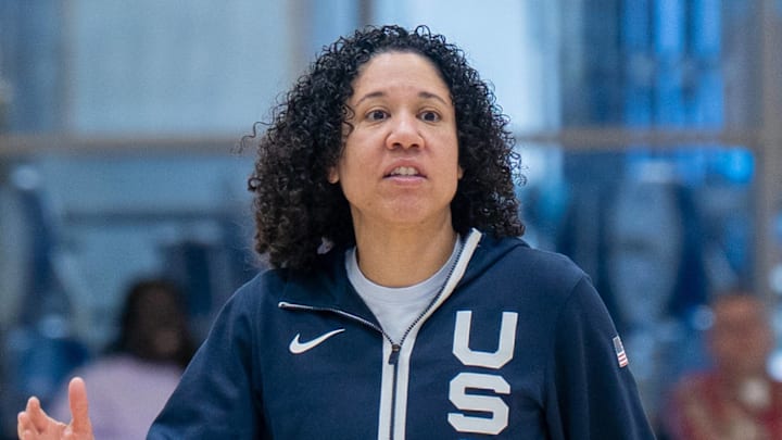 Head coach Kara Lawson speaks during a scrimmage at the USA Basketball Women's national team camp.